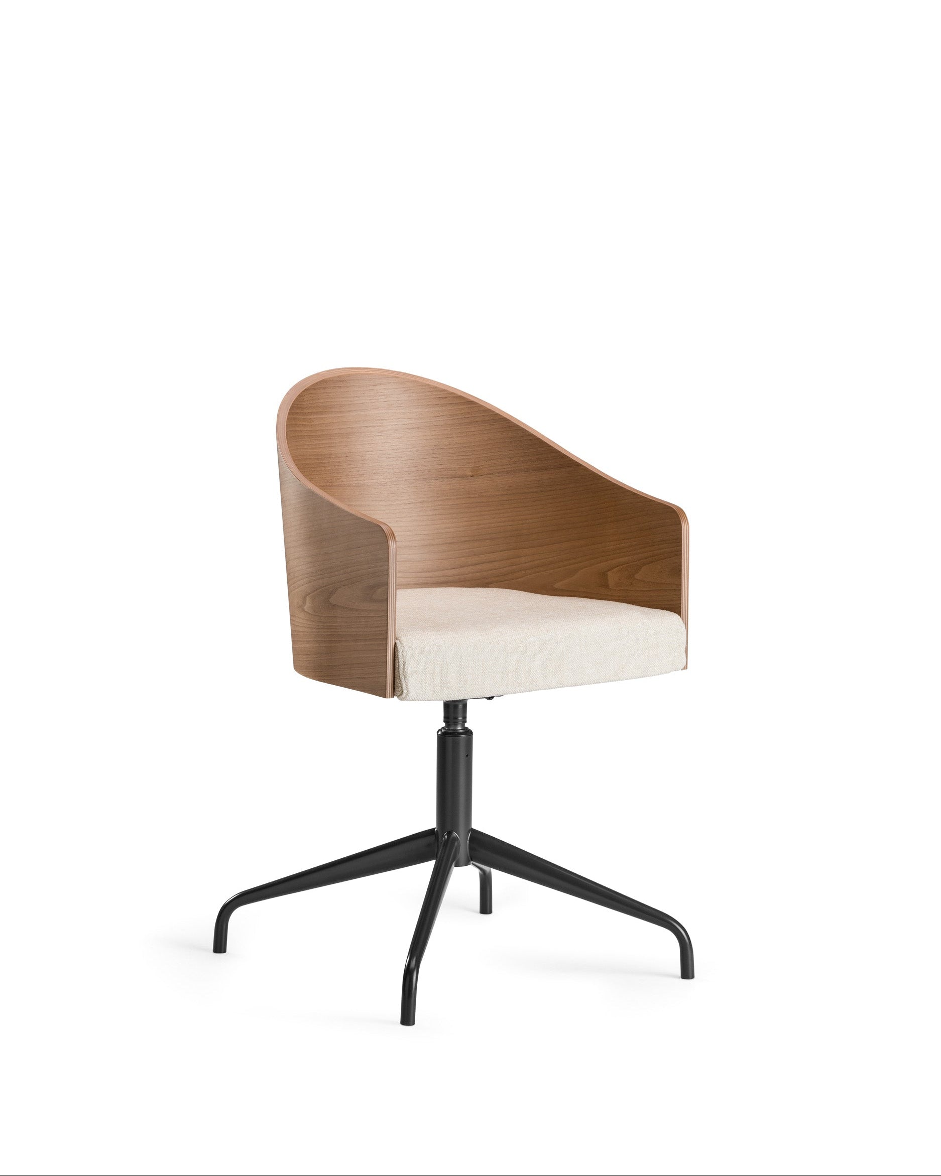 Modern chair with wooden backrest and black metal base 