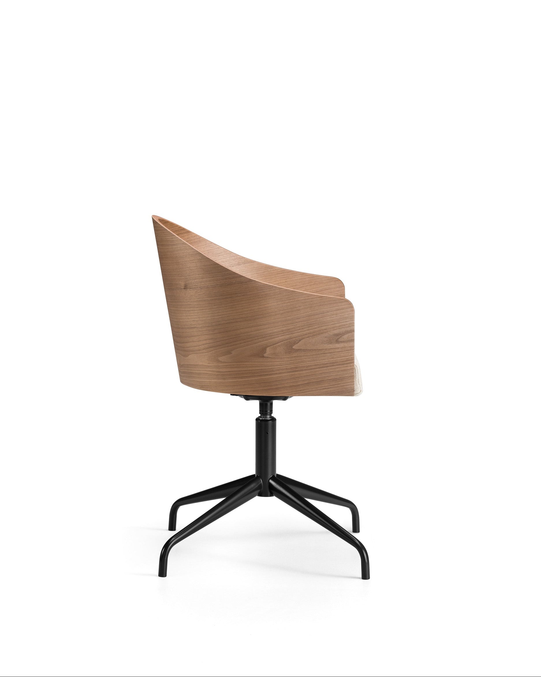 Wooden chair with black swivel base 
