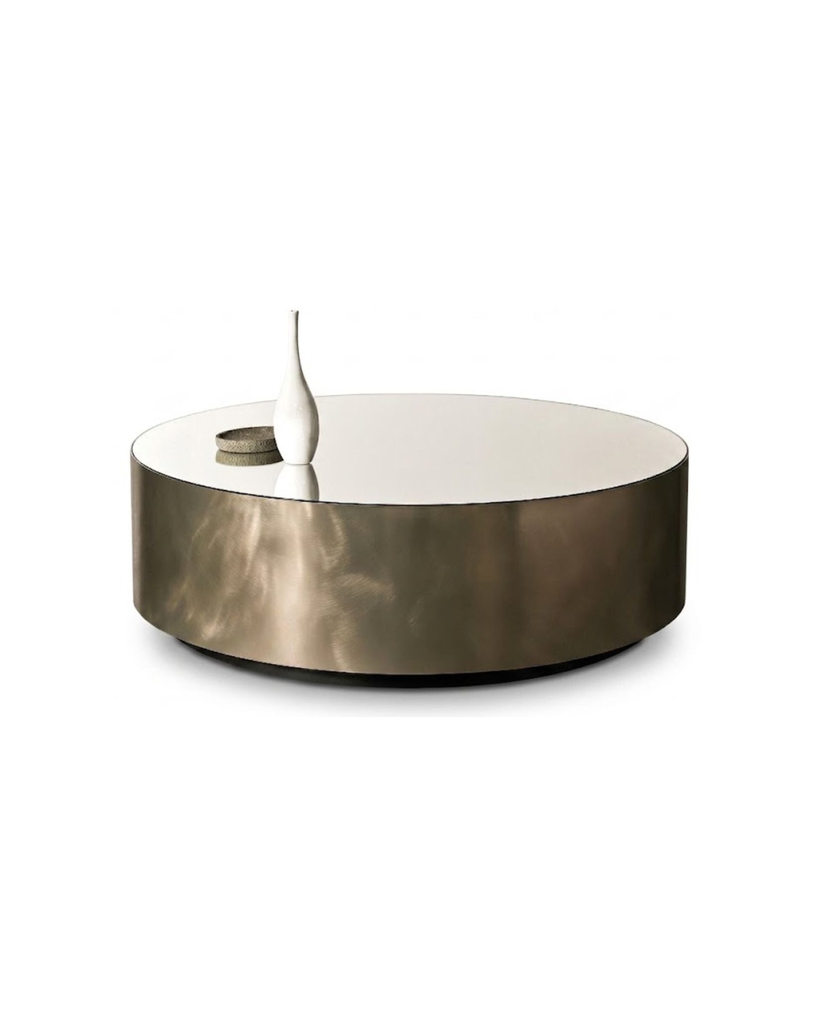 Round coffee table with a mirror top and golden brass base