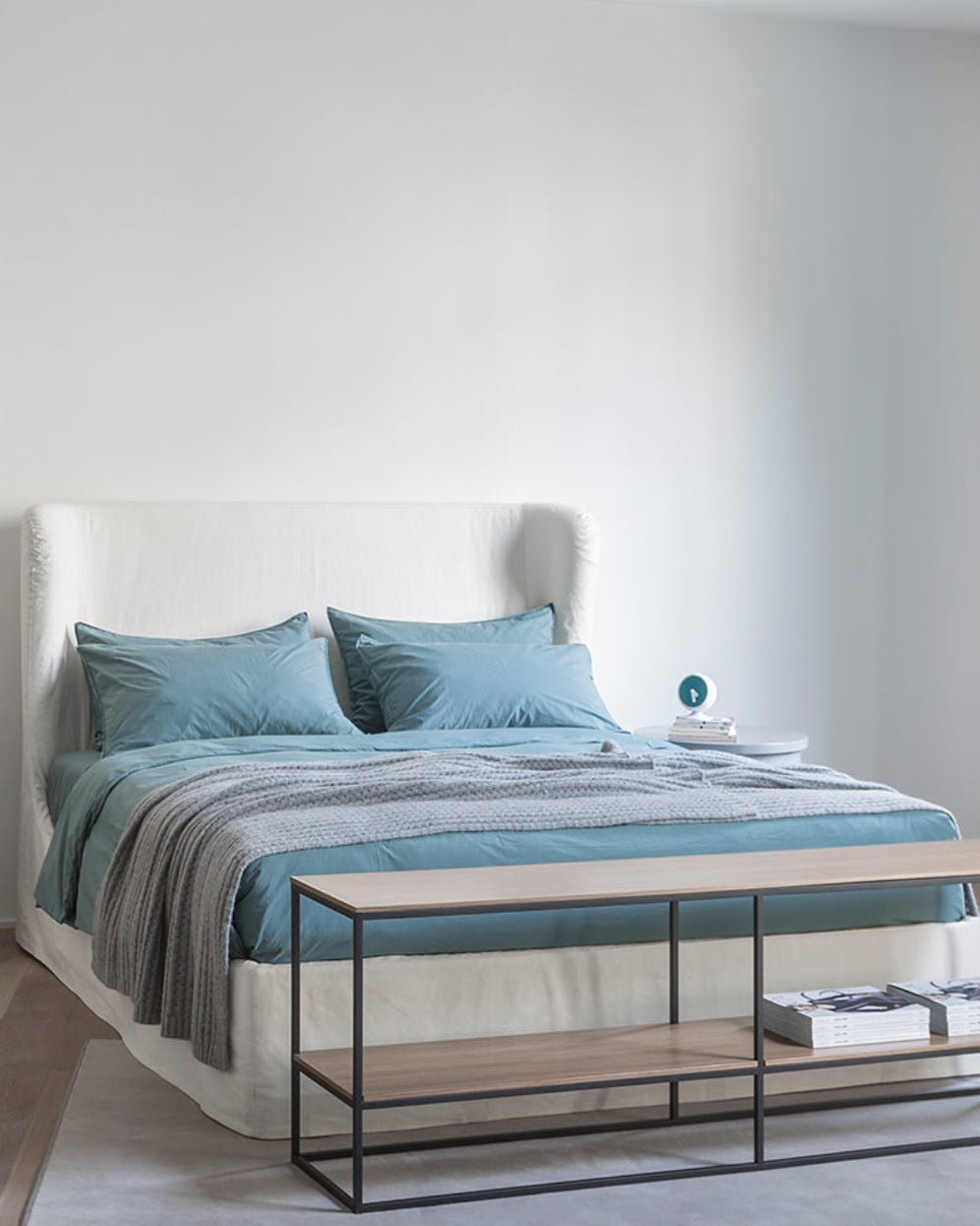 Bed frame in white fabric