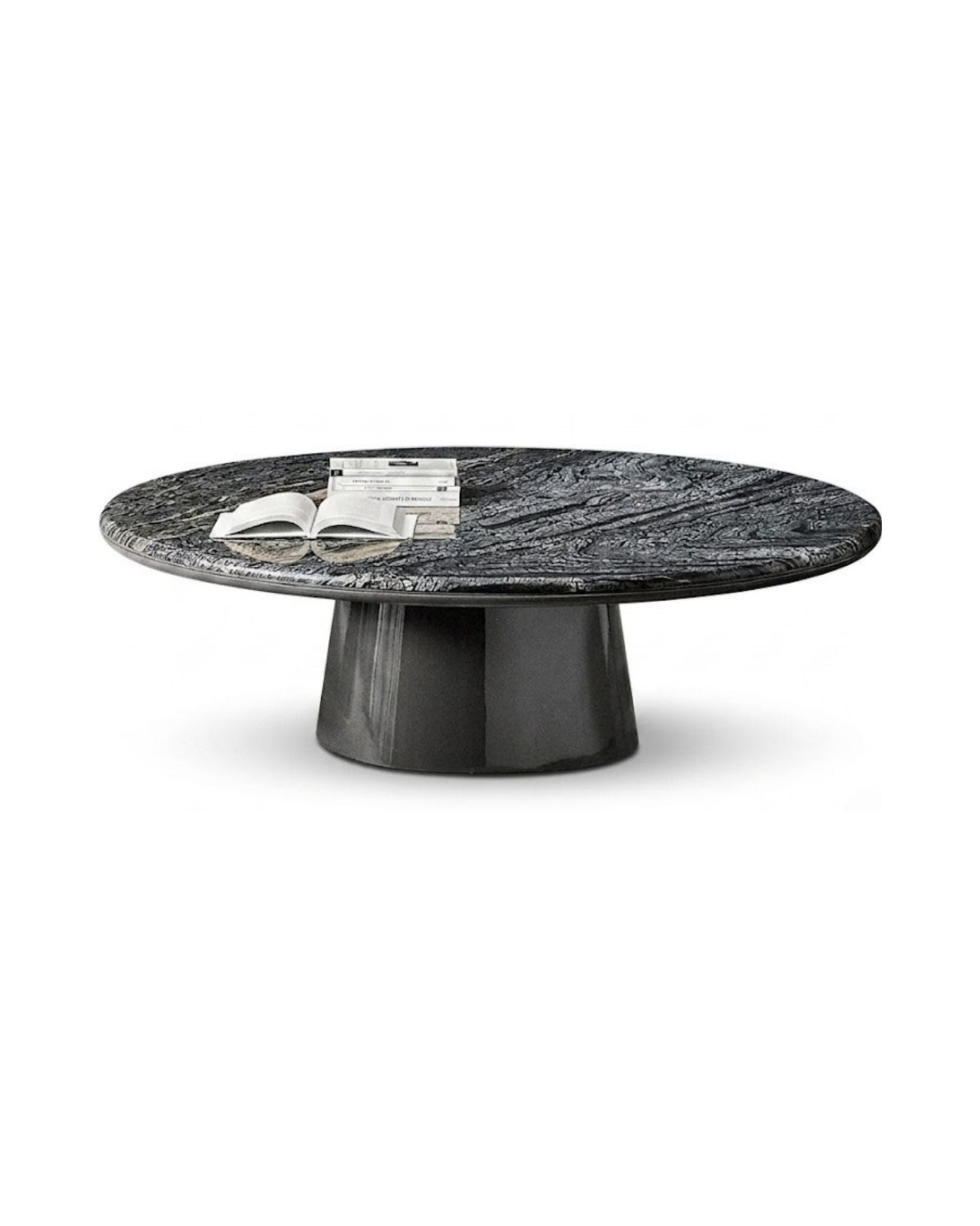 Round marble coffee table with a grey lacquer base 