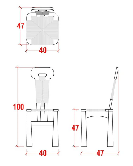 Diagram of a 'Silla Chula' chair with dimensions labeled